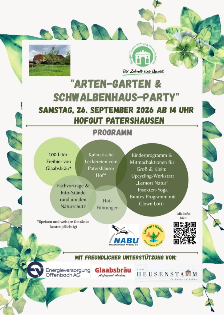 Flyer: Arten-Garten
  & Schwalbenhaus-Party am Samstag, 26. September 2026 ab 14 Uhr im Hofgut Patershausen
